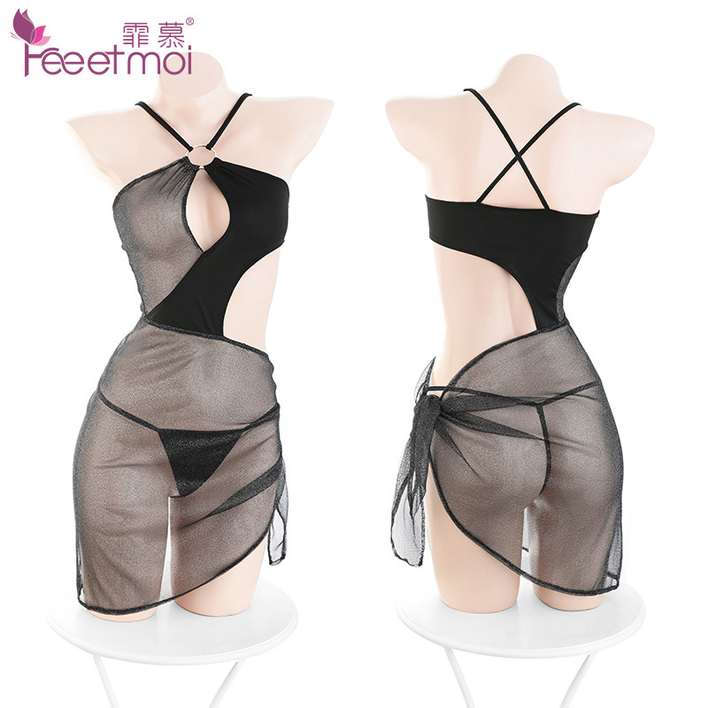 心机镂空不规则风情纱裙 胸部水滴镂空 亮丝透纱-美咻咻商城