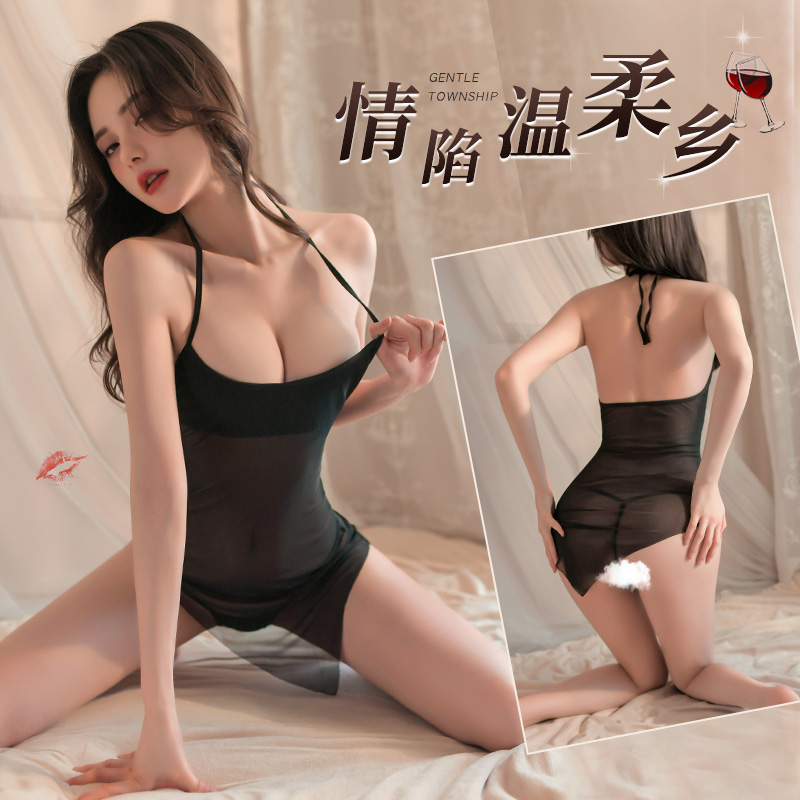 挂脖系带不规则透纱睡裙 性感露胸 斜切裙摆-美咻咻商城