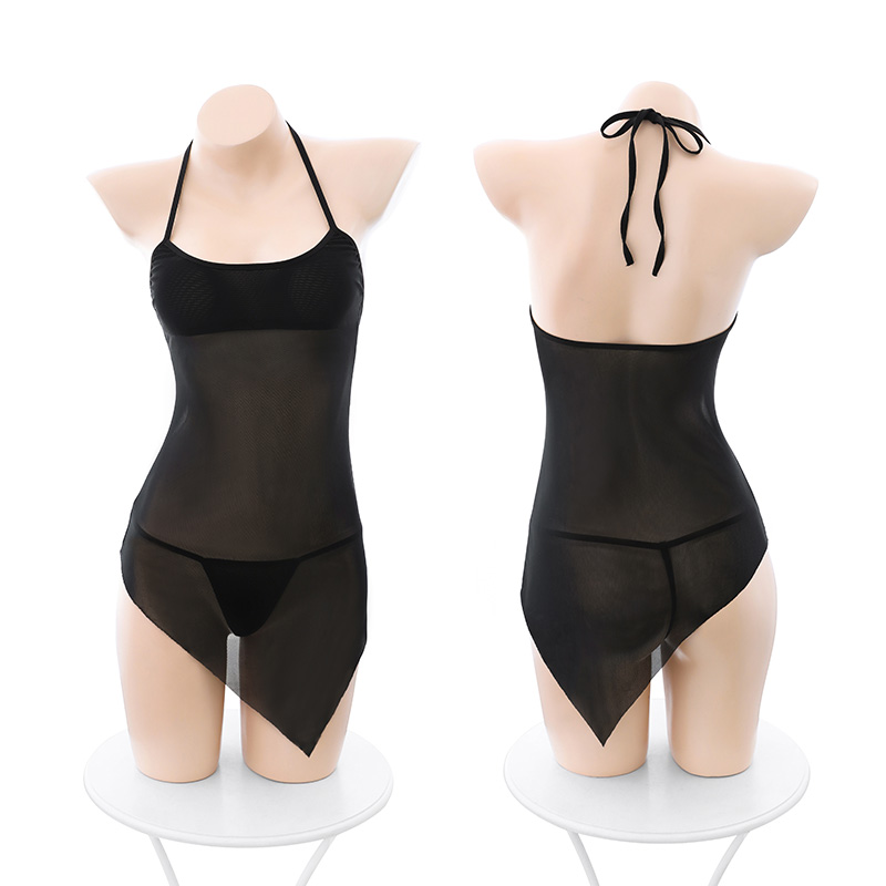 挂脖系带不规则透纱睡裙 性感露胸 斜切裙摆-美咻咻商城