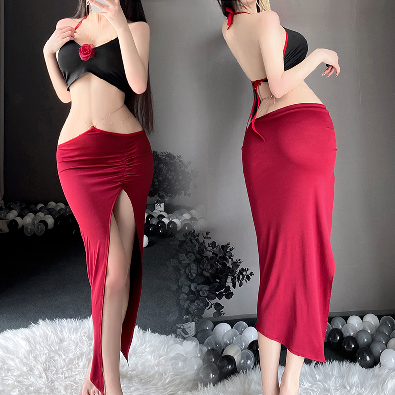 金链饰腰性感裸背玫瑰点胸套装 高开衩长裙-美咻咻商城