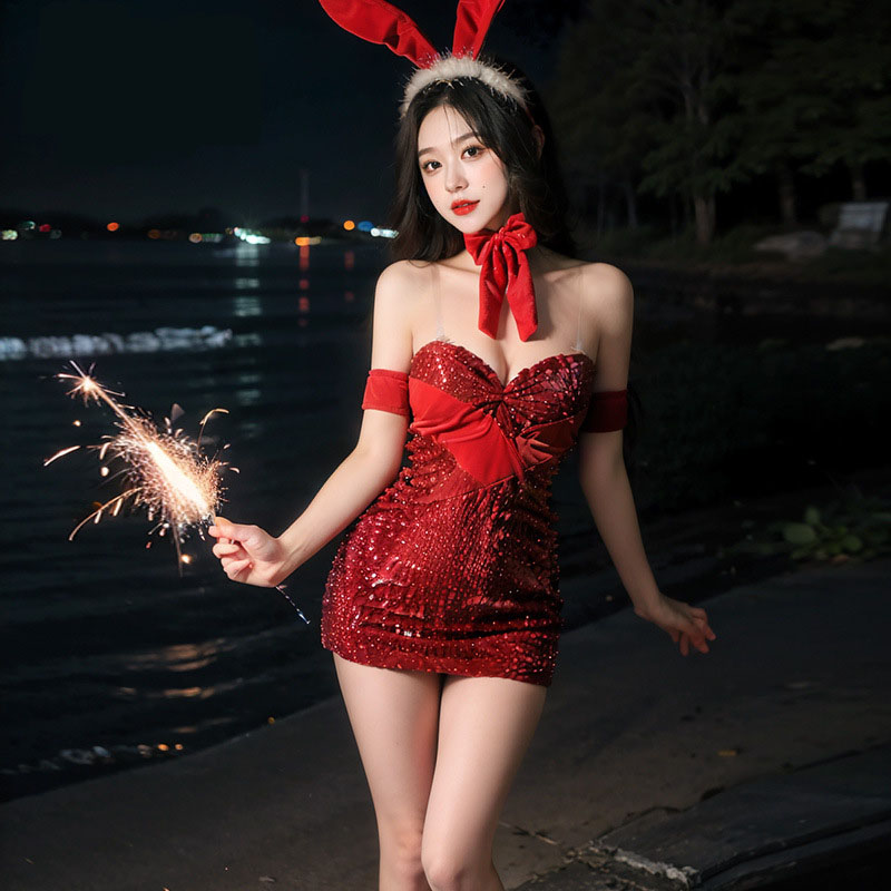 闪亮丝绒兔女郎装 深V露沟 毛绒兔尾巴-美咻咻商城