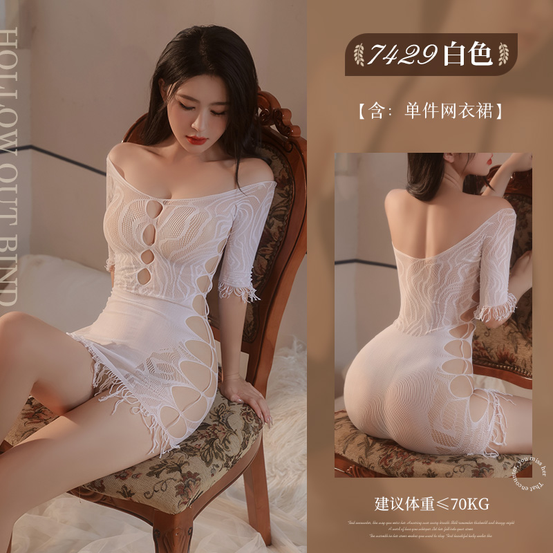 一字肩提花破洞网衣裙 镂空诱惑 流苏裙边-美咻咻商城