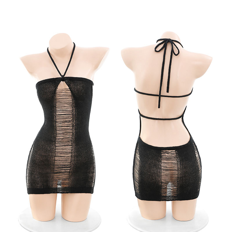 工口辣妹风镂空毛衣套装 挂脖系带 心机露胸-美咻咻商城