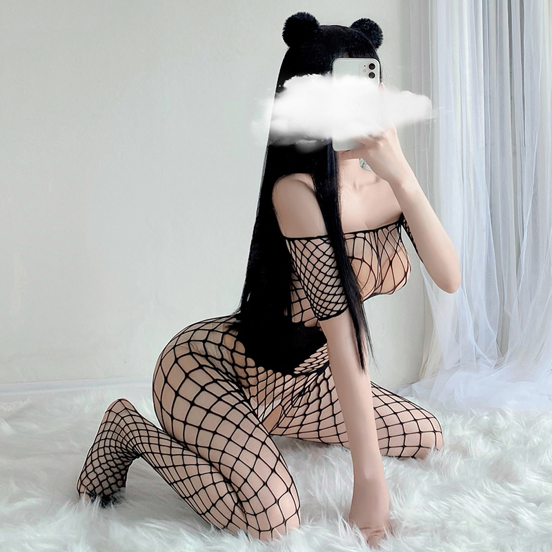 假式马甲束腰网眼连身袜 低胸一字领 开裆露臀-美咻咻商城