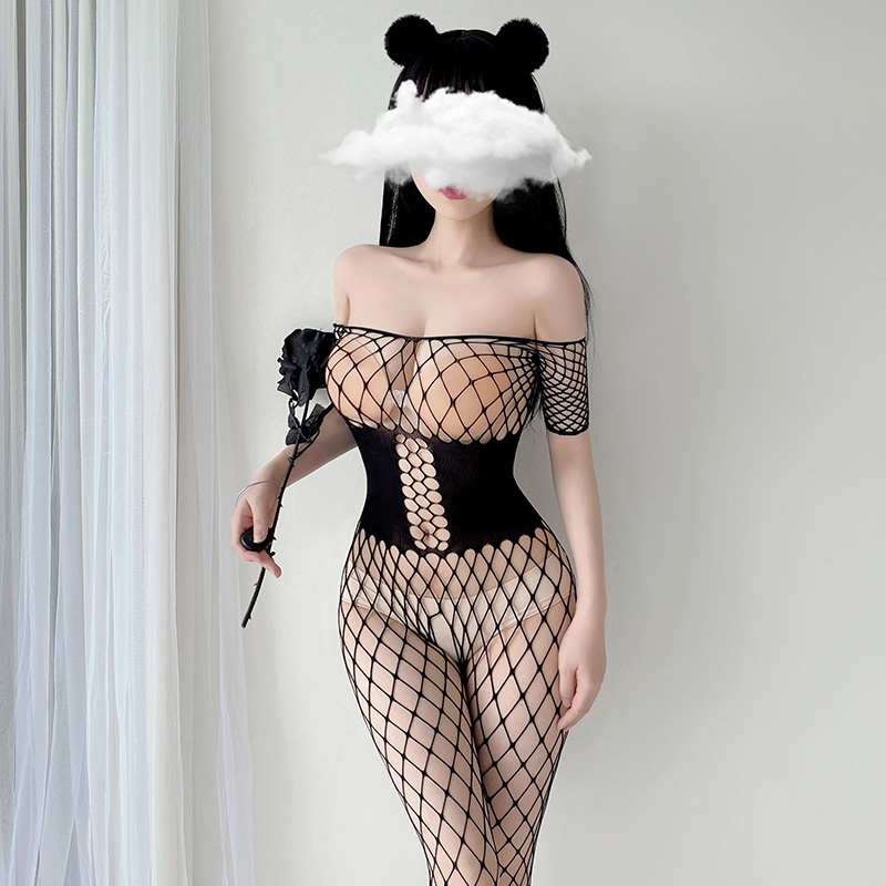 假式马甲束腰网眼连身袜 低胸一字领 开裆露臀-美咻咻商城