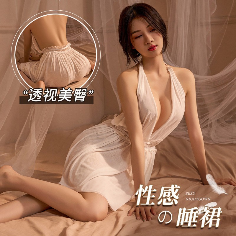 深V露背双层网纱透视挂脖睡裙 双层裙摆 镂空蕾丝-美咻咻商城