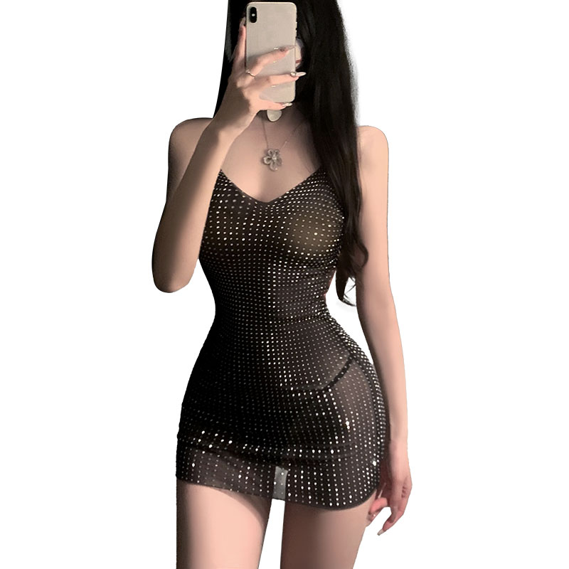 深V露沟透视烫钻包臀连衣裙 性感纯欲-美咻咻商城