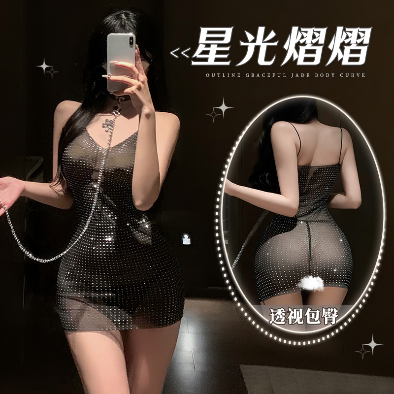深V露沟透视烫钻包臀连衣裙 性感纯欲-美咻咻商城