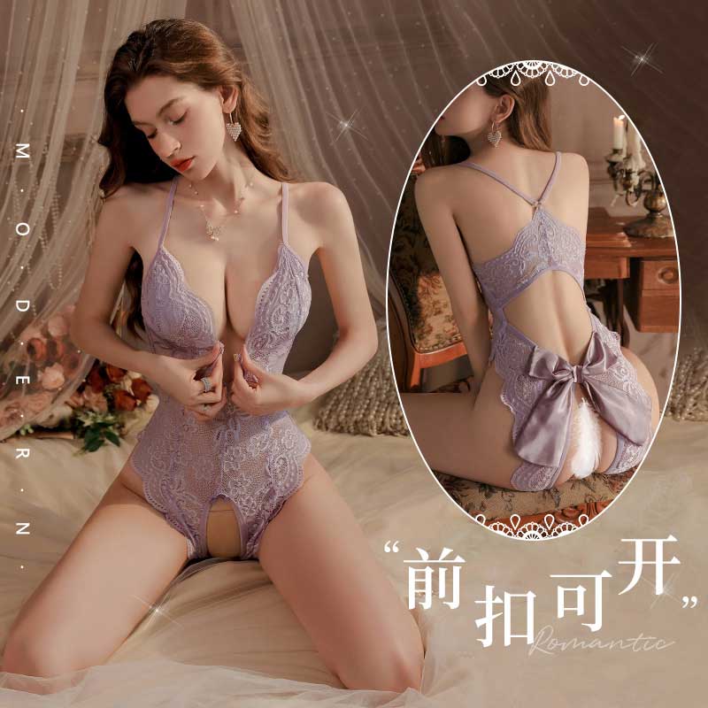 蕾丝蝴蝶饰臀露胸开裆连体衣 性感深V 前扣可解-美咻咻商城