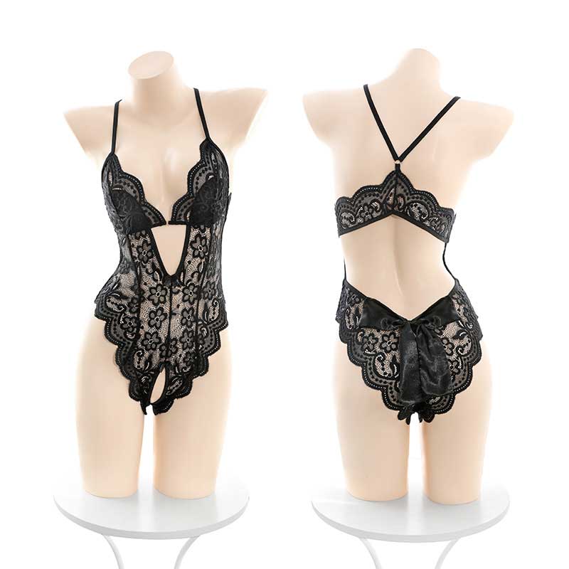 蕾丝蝴蝶饰臀露胸开裆连体衣 性感深V 前扣可解-美咻咻商城