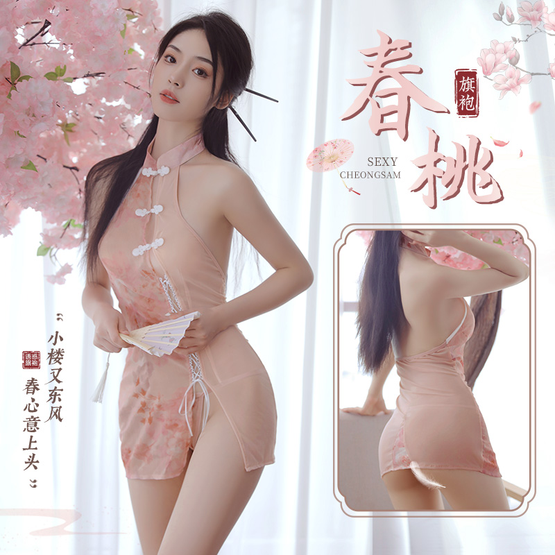 霏慕斜开襟印花透纱性感旗袍旗袍制服古风汉服-美咻咻商城