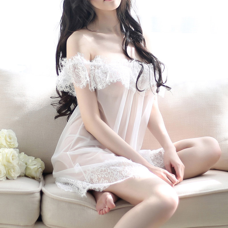 柠檬物语蕾丝花边网纱透明透视极致诱惑抹肩睡裙套装 -美咻咻商城
